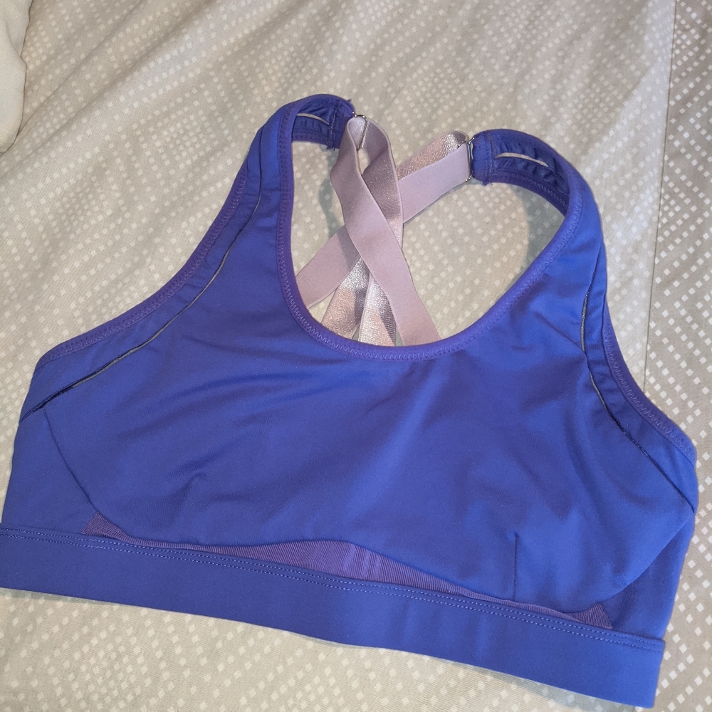 Fabletics cross back purple sports bra, large